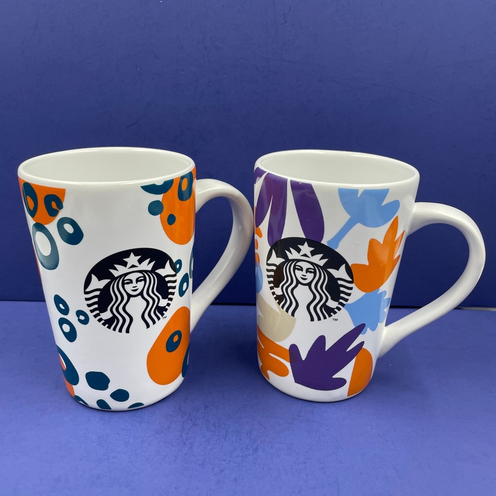 Starbucks 2016 Abstract Floral Geometric Coffee Mug Set 12oz Ceramic 2 Pack